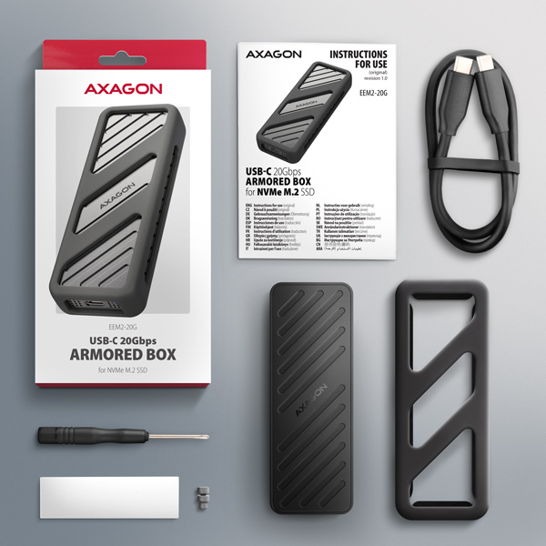 AXAGON EEM2-20G,  USB-C 20Gbps - M.2 NVMe SSD kovový ARMORED box10 