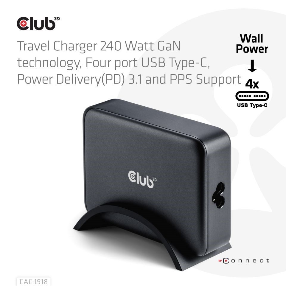 Club3D cestovní nabíječka 240W GaN technologie,  4xUSB-C,  PPS + PD 3.1 Support3 