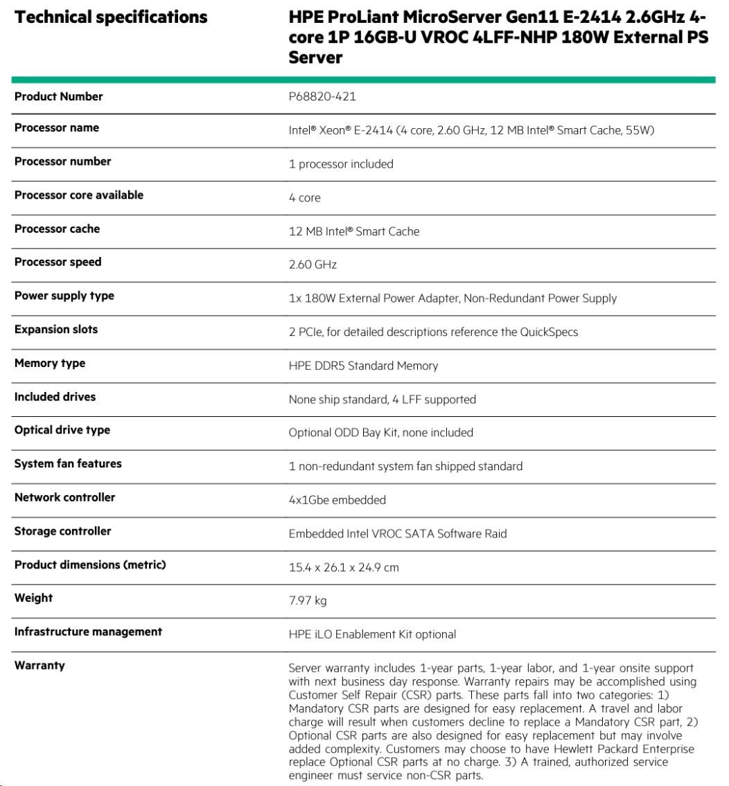 HPE PL MicroServer Gen11 E-2414 (2.8/ 4C) 16G VROC 4LFF/ 4SFF NHP 2xPCIe 4x1G iLo6 1x180W NBD1113 
