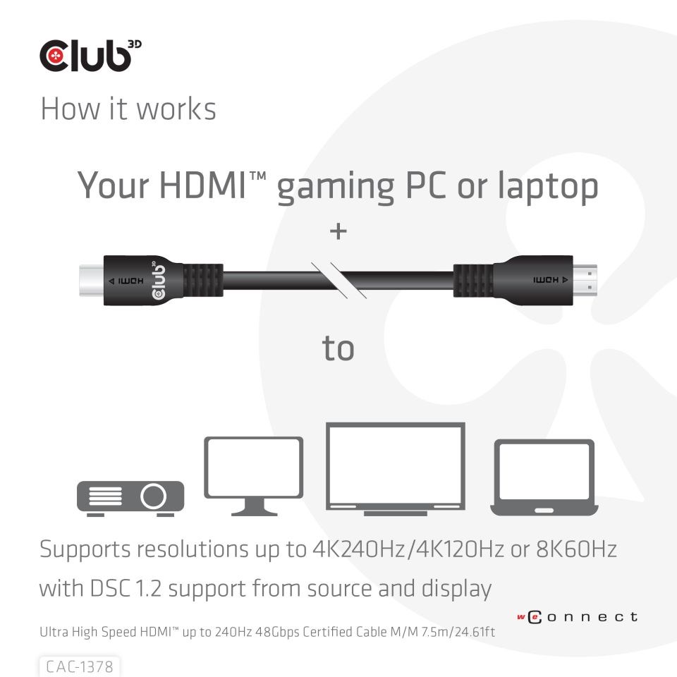 Club3D Kabel HDMI,  Ultra Rychlý HDMI™ Certifikovaný Cable,  4K120Hz/  8K60Hz,  7.5m5 