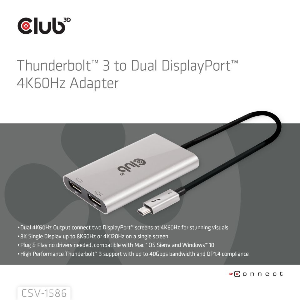 Club3D Video hub Thunderbolt 3 na 2x DP,  Dual 4K60Hz nebo Single 8K60Hz/ 4K120Hz5 