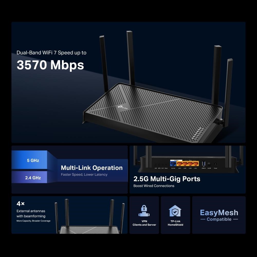 TP-Link Archer BE230 OneMesh/ EasyMesh WiFi7 router(BE3600, 2, 4GHz/ 5GHz, 1x2, 5GbEWAN, 1x2, 5GbELAN, 3xGbELAN, 1xUSB3.0)2 