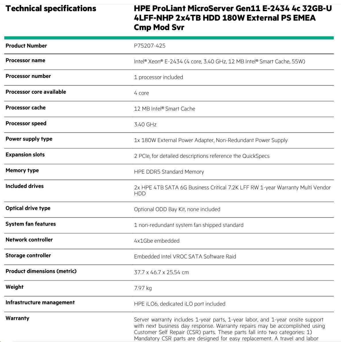 HPE PL MicroServer Gen11 E-2434 (3.4-5G/ 4C8T) 1x32G 2x4TB SATA 4LFF/ SFF-NHP 4p1G iLoPort (P65741) NBD111 Smart Choice1 