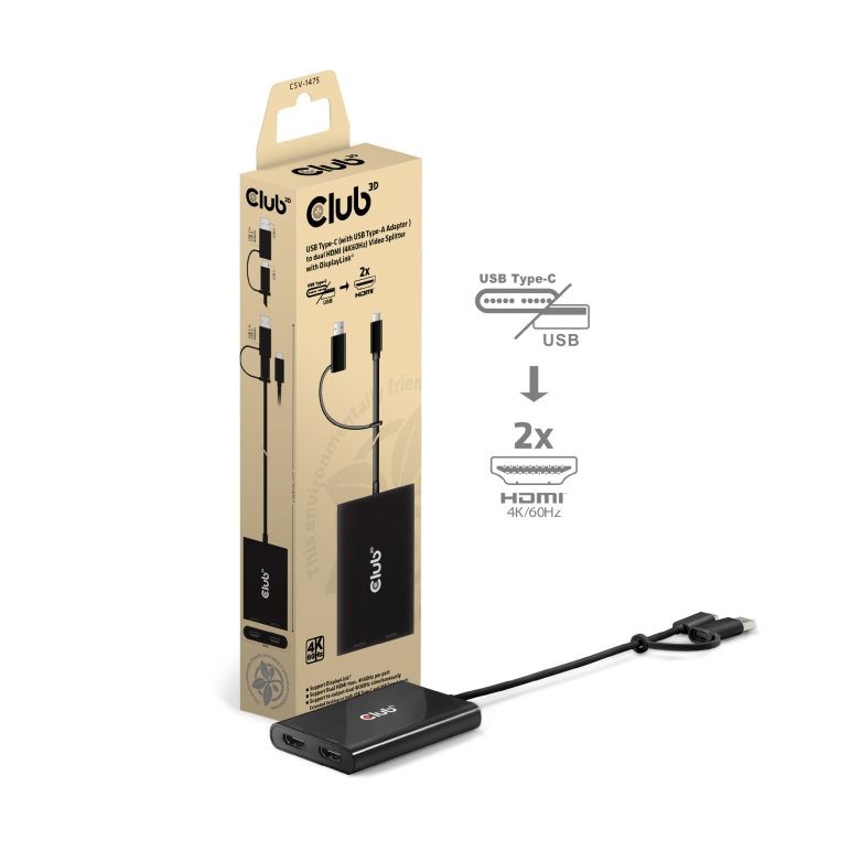 Club3D Video rozbočovač USB-C/ A na 2xHDMI 2.0,  Dual Monitor,  4K60Hz (M/ F)0 