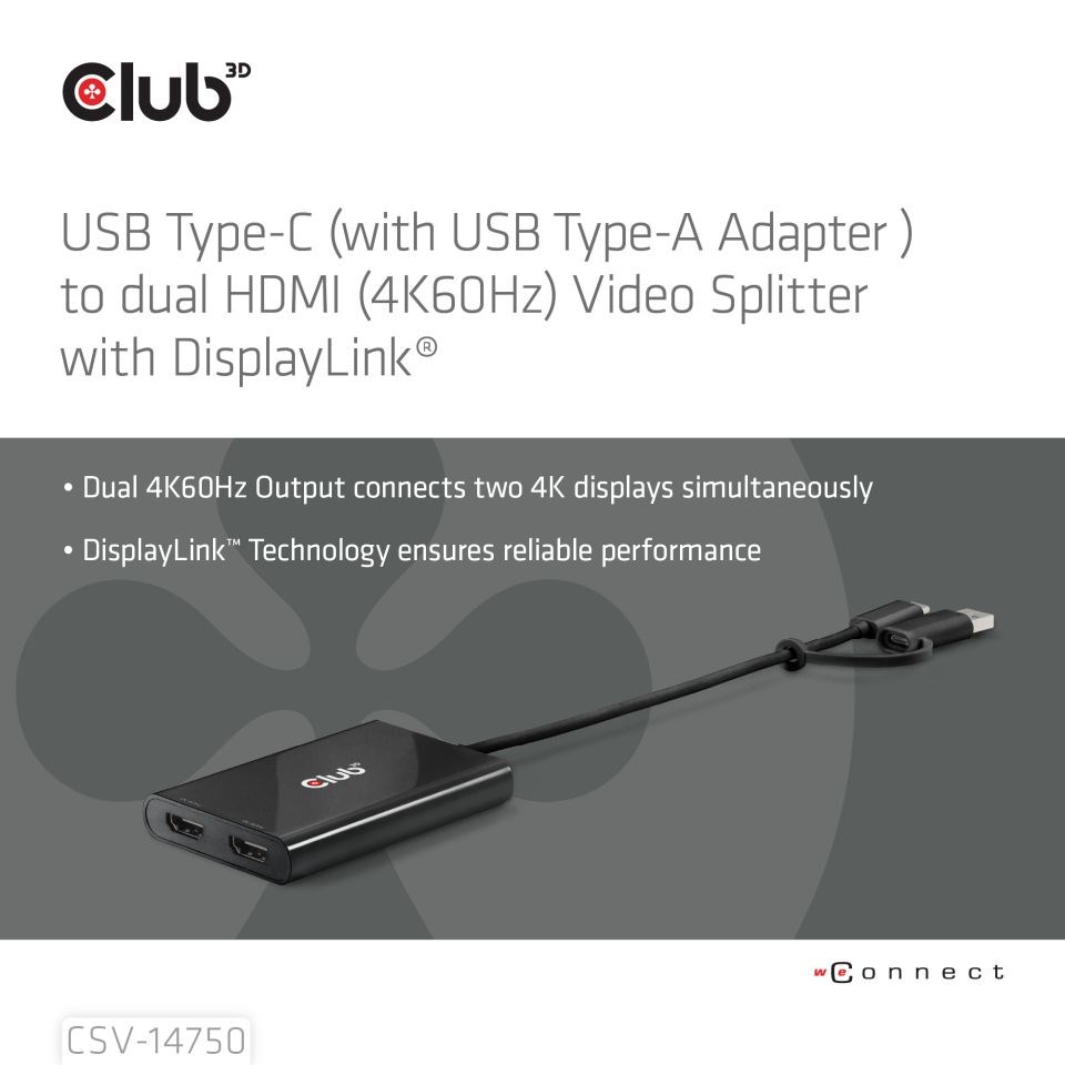Club3D Video rozbočovač USB-C/ A na 2xHDMI 2.0,  Dual Monitor,  4K60Hz (M/ F)1 