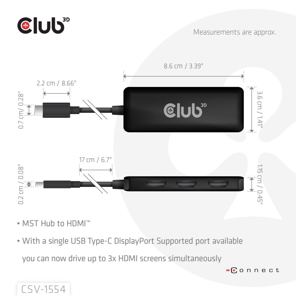 Club3D hub MST USB-C na 3xHDMI,  Single: 8K30Hz,  Triple: 4K60Hz1 