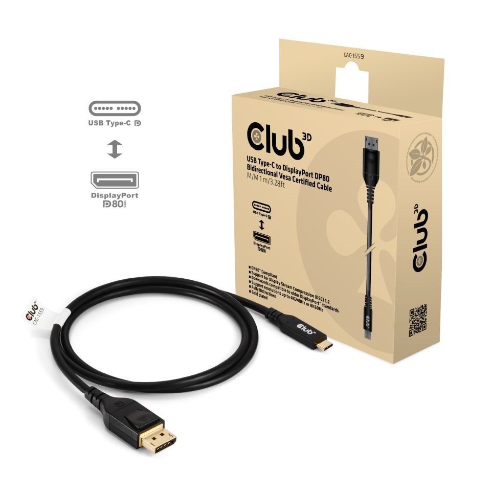 Club3D Kabel USB-C na DisplayPort 2.1,  10K60Hz,  DSC1.2,  UHBR10,  1m0 