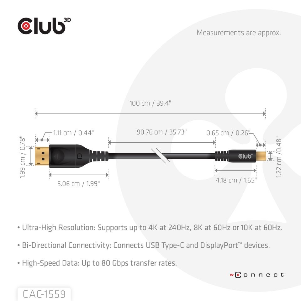 Club3D Kabel USB-C na DisplayPort 2.1,  10K60Hz,  DSC1.2,  UHBR10,  1m2 