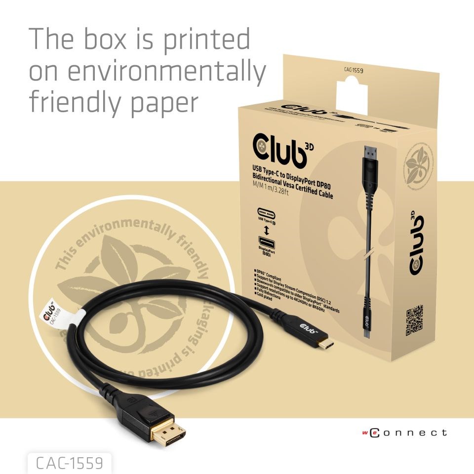 Club3D Kabel USB-C na DisplayPort 2.1,  10K60Hz,  DSC1.2,  UHBR10,  1m4 