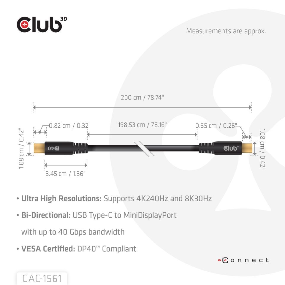 Club3D Kabel USB-C na MiniDisplayPort 2.1,  8K30Hz,  DSC1.2,  UHBR10,  2m2 