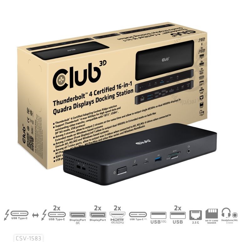 Club3D Dokovací stanice 16v1 Quadra (4) ThunderBolt 4,  2xTB,  3xDP,  2xHDMI,  3xUSB,  RJ45,  SD-TF Karta,  1xUSB-C,  150W PD0 