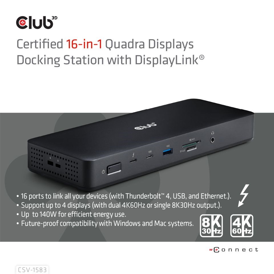 Club3D Dokovací stanice 16v1 Quadra (4) ThunderBolt 4,  2xTB,  3xDP,  2xHDMI,  3xUSB,  RJ45,  SD-TF Karta,  1xUSB-C,  150W PD1 