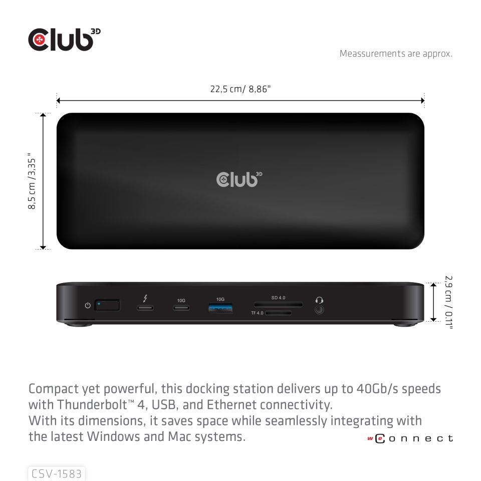 Club3D Dokovací stanice 16v1 Quadra (4) ThunderBolt 4,  2xTB,  3xDP,  2xHDMI,  3xUSB,  RJ45,  SD-TF Karta,  1xUSB-C,  150W PD2 