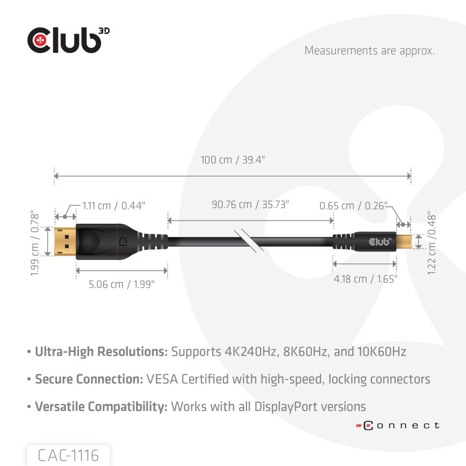 Club3D Kabel MiniDisplayPort na DisplayPort 2.1 Certifikovaný,  Oboustranný,  10K60Hz,  DSC1.2,  UHBR10,  1m0 