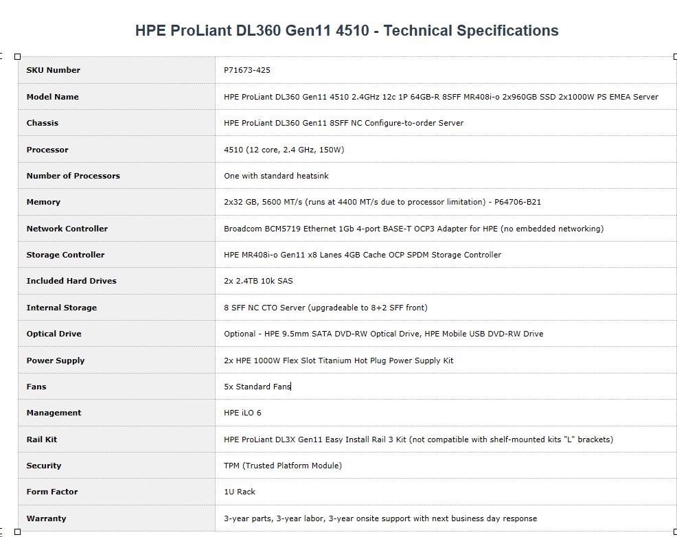 HPE PL DL360g11 4510 (2.4G/ 12C) 2x32G (P64706) 2x2.4TB/ 10k 2x1000W MR408i-o 8SFF 4x1G Smart Choice1 