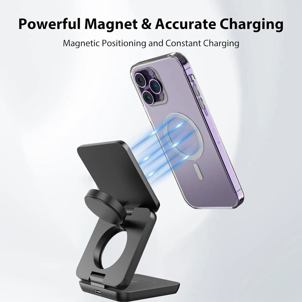 1stCOOL bezdrátová skládací QI nabíječka 3v1,  MagSafe,  USB-C,  černá3 