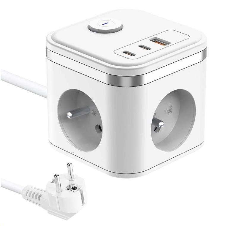 Viking síťový adaptér YC33,  3x 230 V,  1x USB-A,  2x USB-C,  tlačítko ON/ OFF,  délka 1, 4 m,  bílá0 