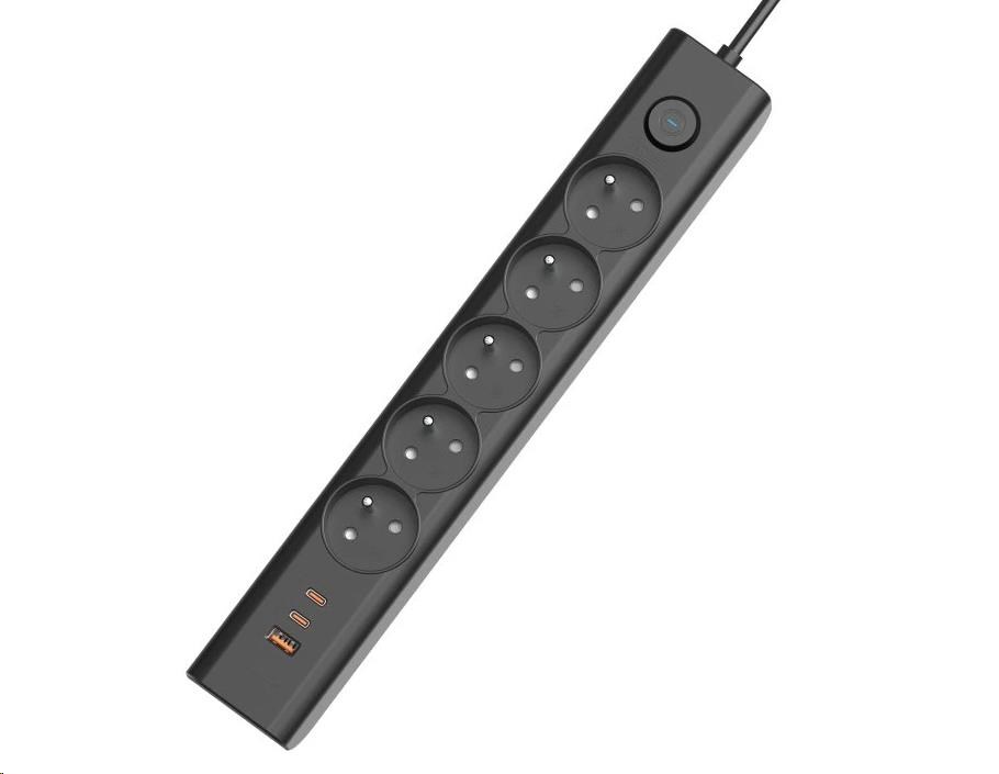 Viking síťová prodlužovací zásuvka YC53,  5x AC 230V,  1x USB-A,  2x USB-C,  délka 1, 5 m,  černá1 