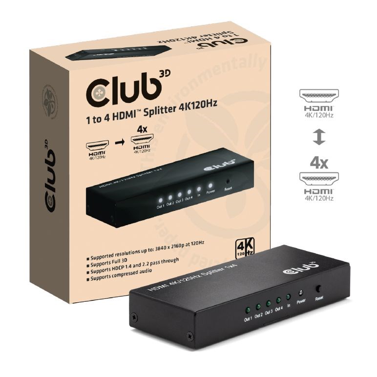 Club3D Video rozbočovač 1:4 HDMI 2.0 4K120Hz, 4 porty, černá3 