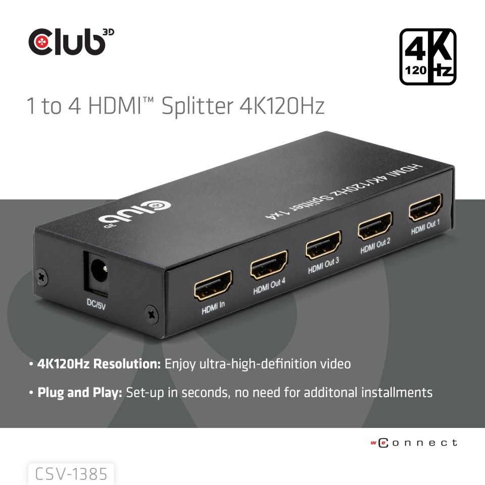 Club3D Video rozbočovač 1:4 HDMI 2.0 4K120Hz, 4 porty, černá4 