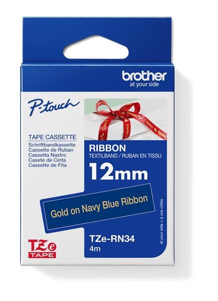 BROTHER TZE-RN34 - 12 mm široká TZ kazeta,  TEXTILNÁ páska 4 m - na výrobu darčekov - NEPRIĽAHLÁ - MODRÁ PÁSKA,  ZLATÝ PO0 
