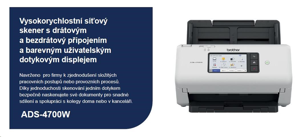 BROTHER skener ADS-4700W DUALSKEN A4 40 str./ min/ 80duálny 600x600 60ADF USB LAN WIFI - displej 10.5cm2 