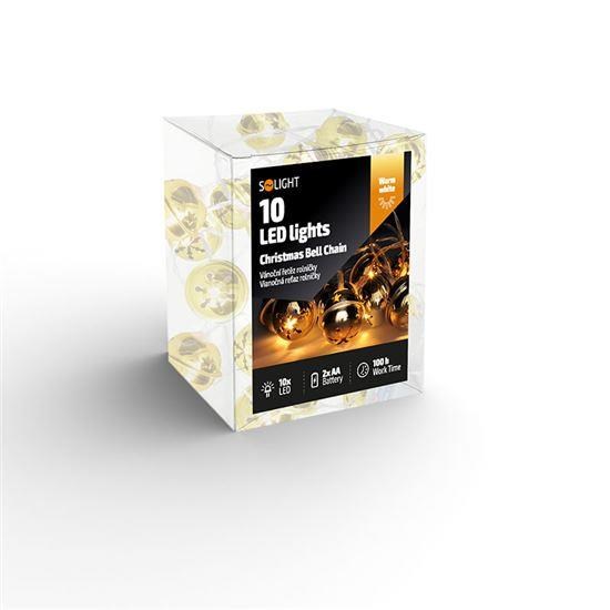 Solight LED vánoční řetěz rolničky, 10x LED, zlatá, 1, 5m, 2x AA1 