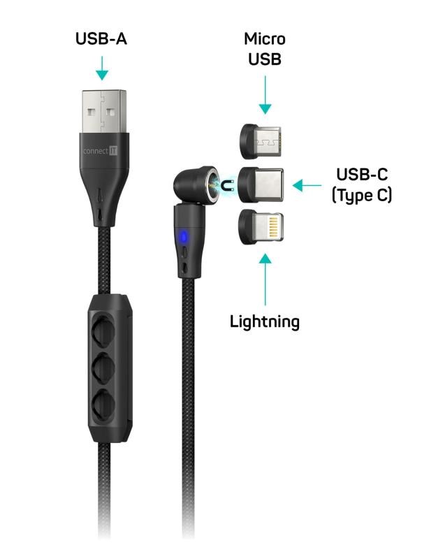 CONNECT IT Magnetický kabel PowerLink 3v1,  USB-C /  Lightning /  MicroUSB,  2m,  černá2 