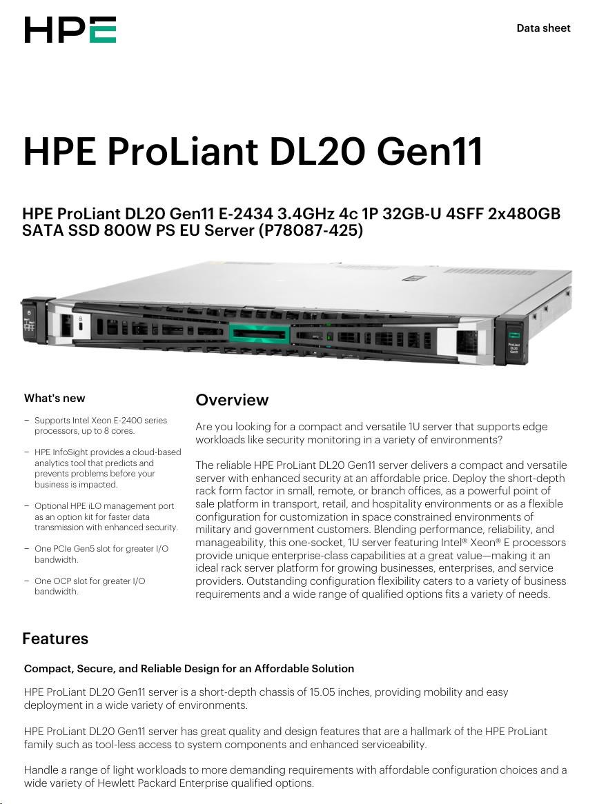 HPE PL DL20g11 E-2434 (3.4G/ 4C) 1x32G (P64339) 2x480G VROC 4SFF 1x800W 4x1G NBD333 Smart Choice4 