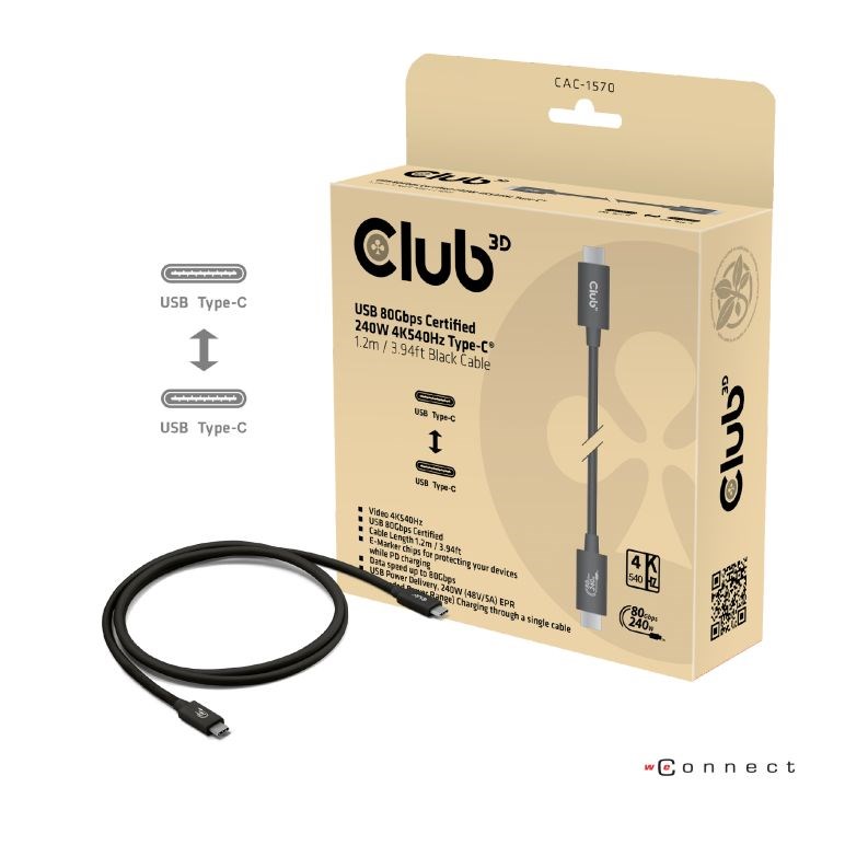 Club3D Kabel USB4 v2 Typ-C,  80Gbps,  Certifikovaný kabel,  4K540Hz,  8K240Hz,  16K60Hz,  PD 240W,  1, 2m1 