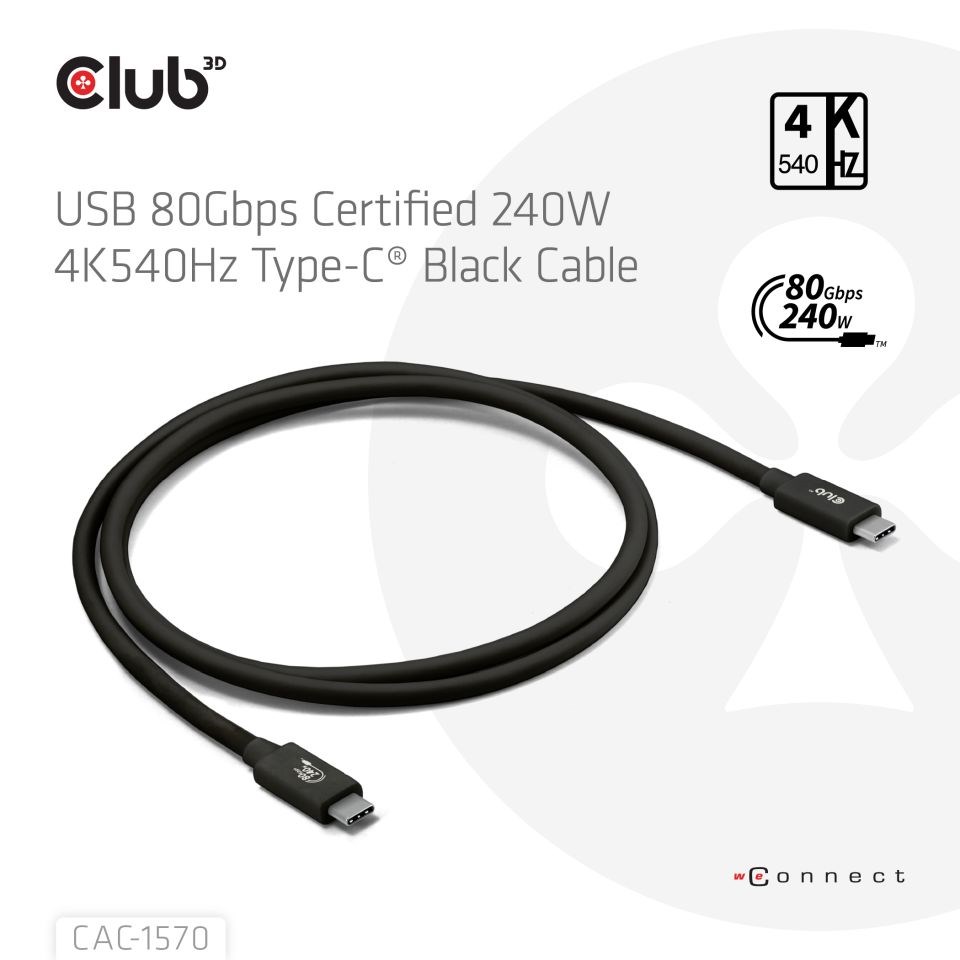 Club3D Kabel USB4 v2 Typ-C,  80Gbps,  Certifikovaný kabel,  4K540Hz,  8K240Hz,  16K60Hz,  PD 240W,  1, 2m4 
