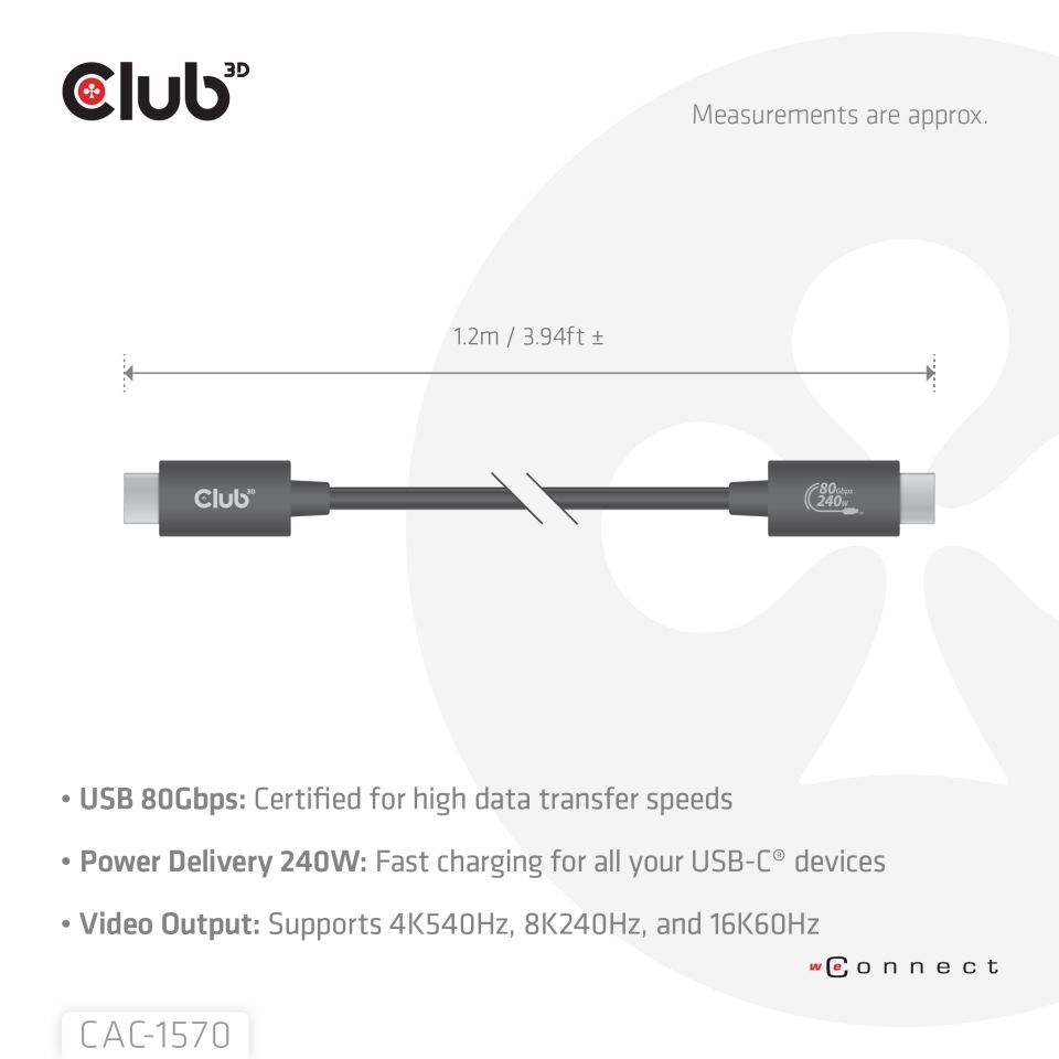 Club3D Kabel USB4 v2 Typ-C,  80Gbps,  Certifikovaný kabel,  4K540Hz,  8K240Hz,  16K60Hz,  PD 240W,  1, 2m0 