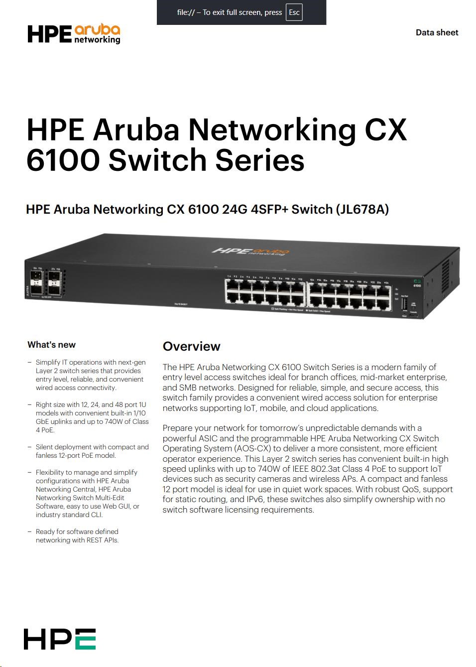 HPE Aruba Networking CX 6100 24G 4SFP+ Switch JL678A RENEW2 