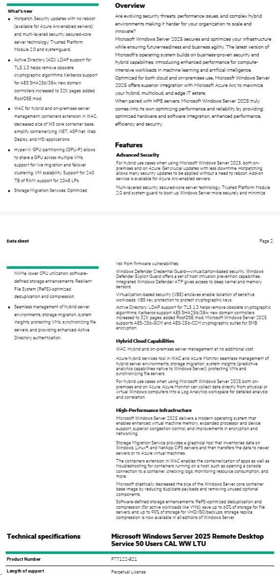 HPE Windows Server 2025 Remote Desktop Service 50 Users CAL2 