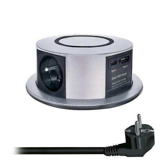 Solight 3z + USB A+C 20W PD,  Wireless 10W,  výsuvný blok zásuvek,  2m,  stříbrný0 