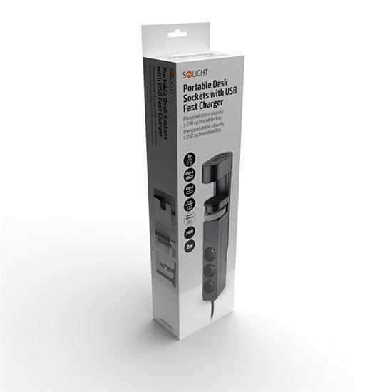 Solight 3z + USB A+C přenosné stolní zásuvky,  2m,  černá,  USB rychlonabíječka 20W PD6 