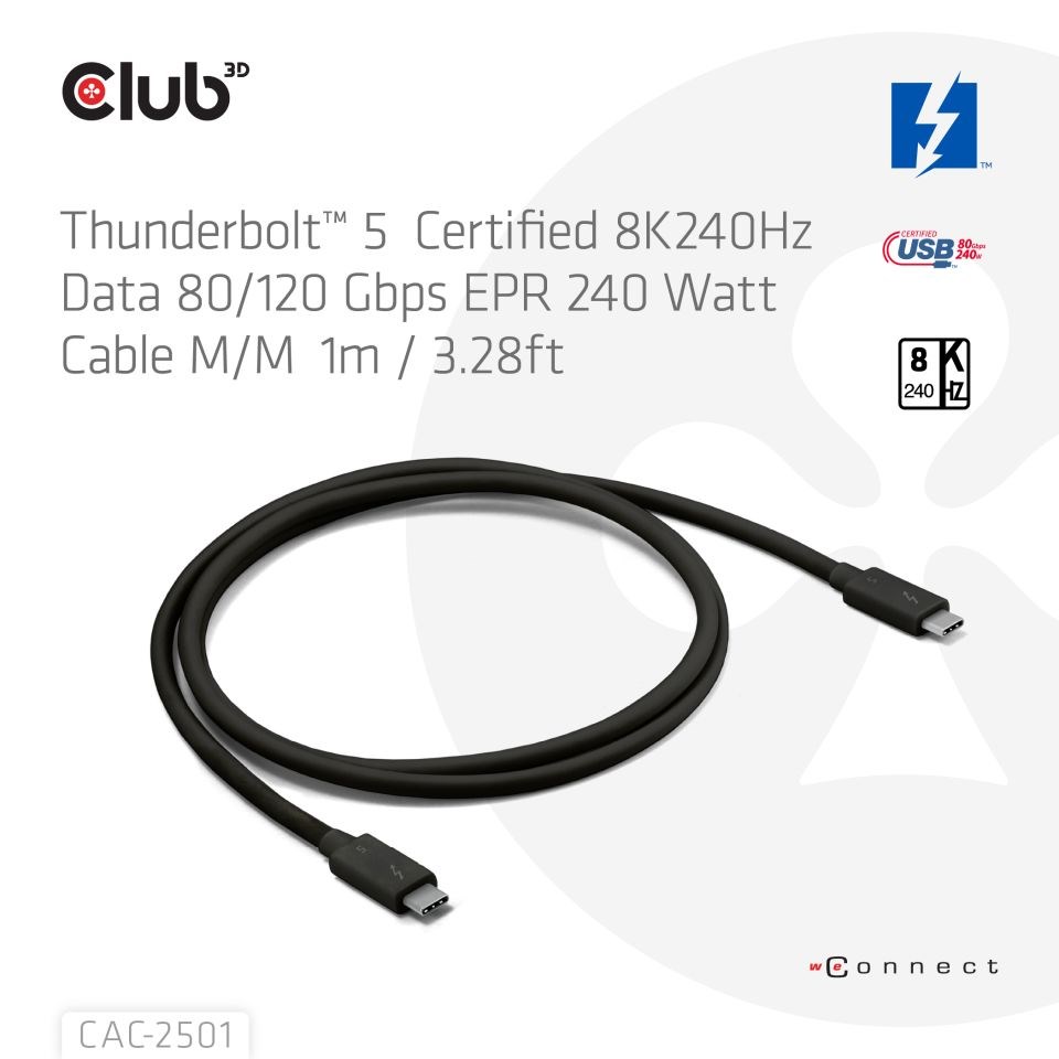 Club3D Kabel Thunderbolt 5,  80/ 120Gbps,  Certifikovaný kabel,  1x 4K540Hz,  2x8K240Hz,  PD 240W,  1m1 
