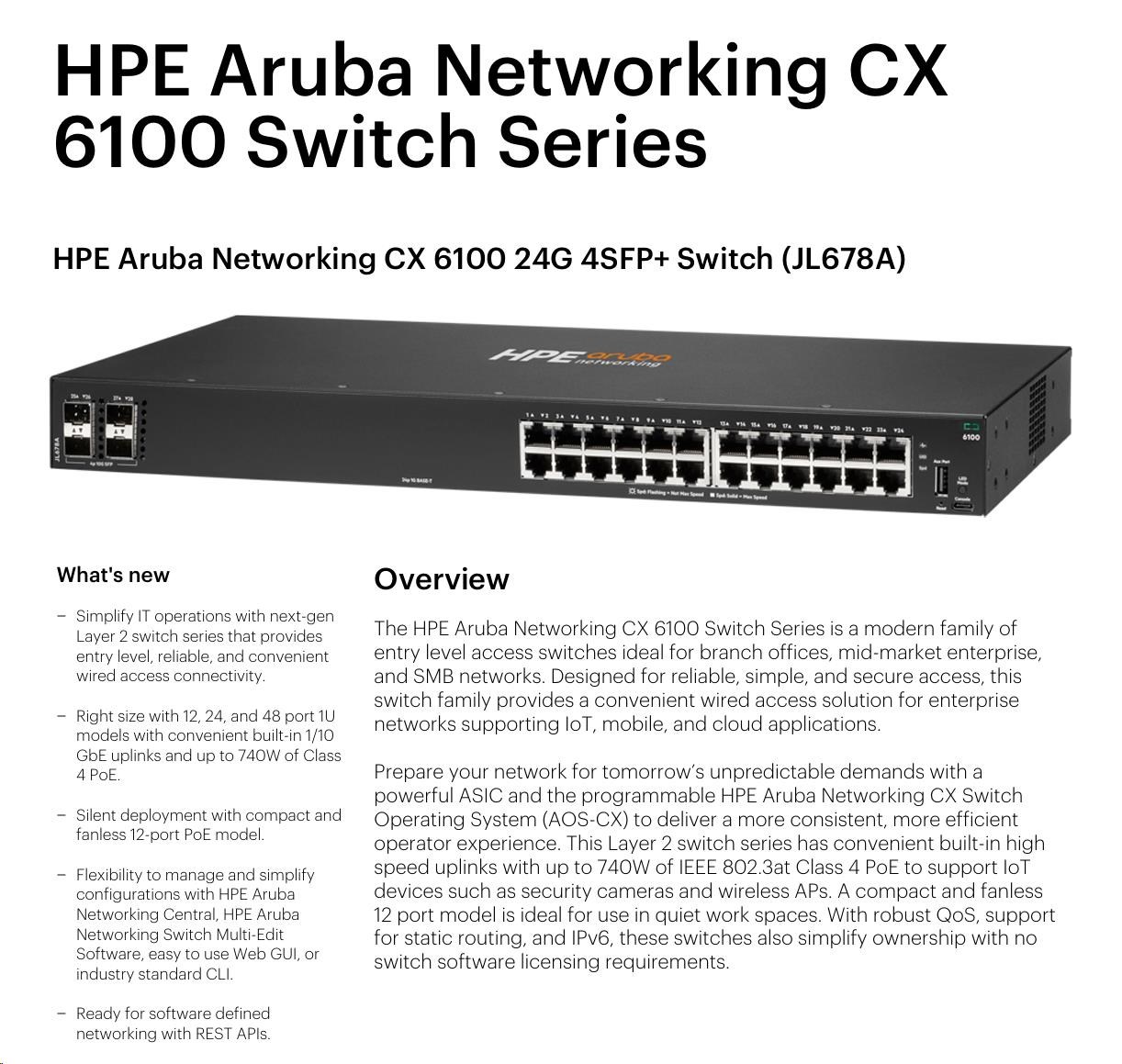 HPE Aruba Networking CX6100 24G 4SFP+ Switch JL678A3 