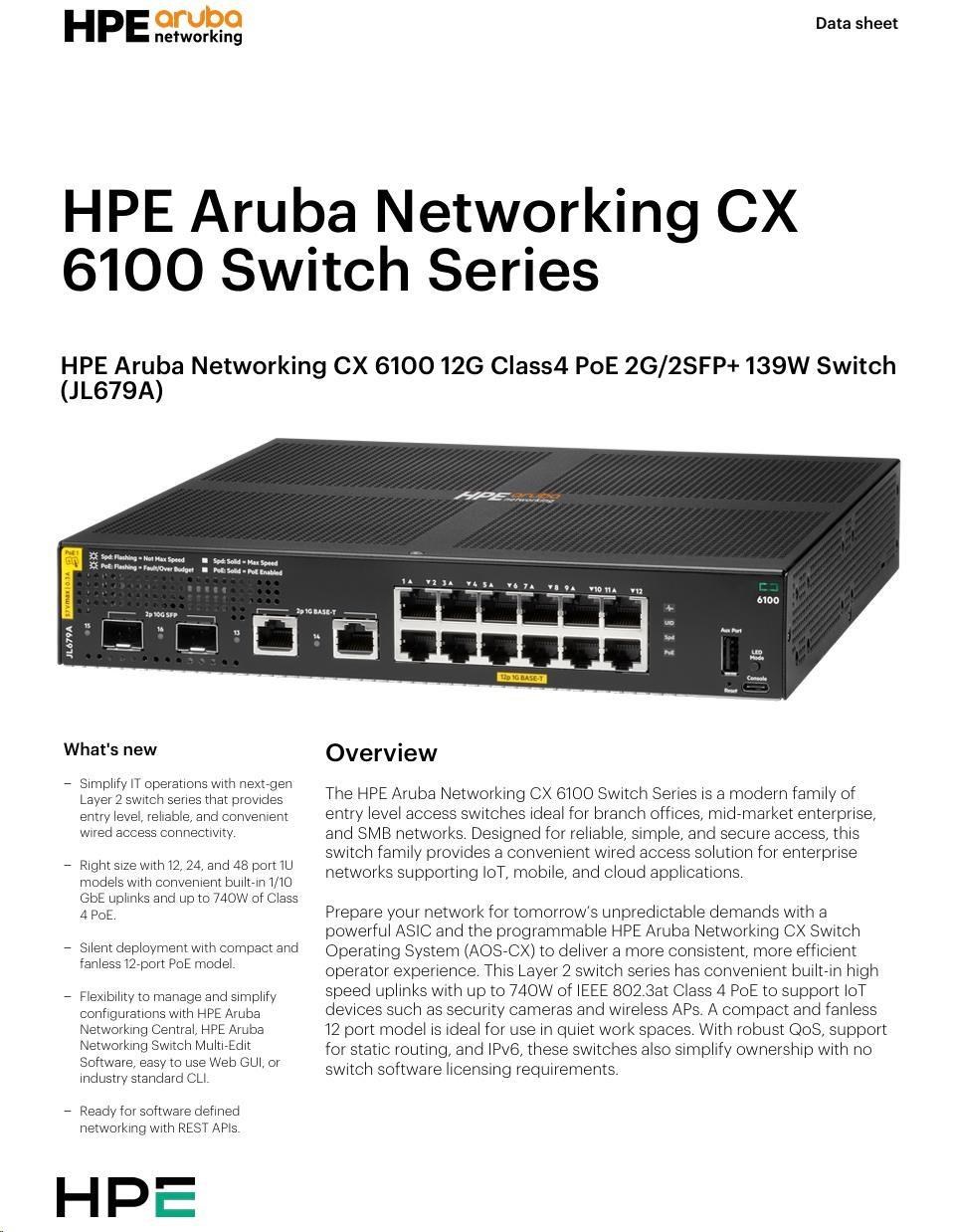 HPE Aruba Networking CX 6100 12G Class4 PoE 2G/ 2SFP+ 139W Switch1 