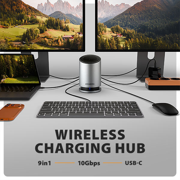 AXAGON HMC-WL9,  USB 10Gbps hub s Qi,  3x USB-A,  USB-C,  HDMI & DP 4k/ 60Hz,  RJ-45 GLAN,  PD 100W,  kábel USB-C 60cm1 
