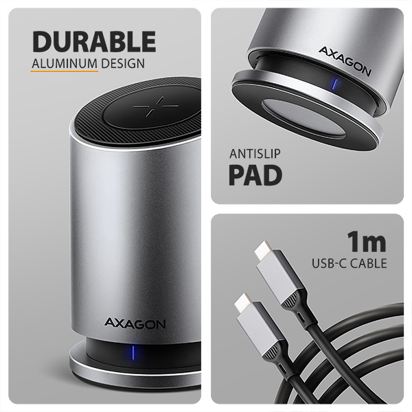 AXAGON HMC-WL9,  USB 10Gbps hub s Qi,  3x USB-A,  USB-C,  HDMI & DP 4k/ 60Hz,  RJ-45 GLAN,  PD 100W,  kábel USB-C 60cm4 