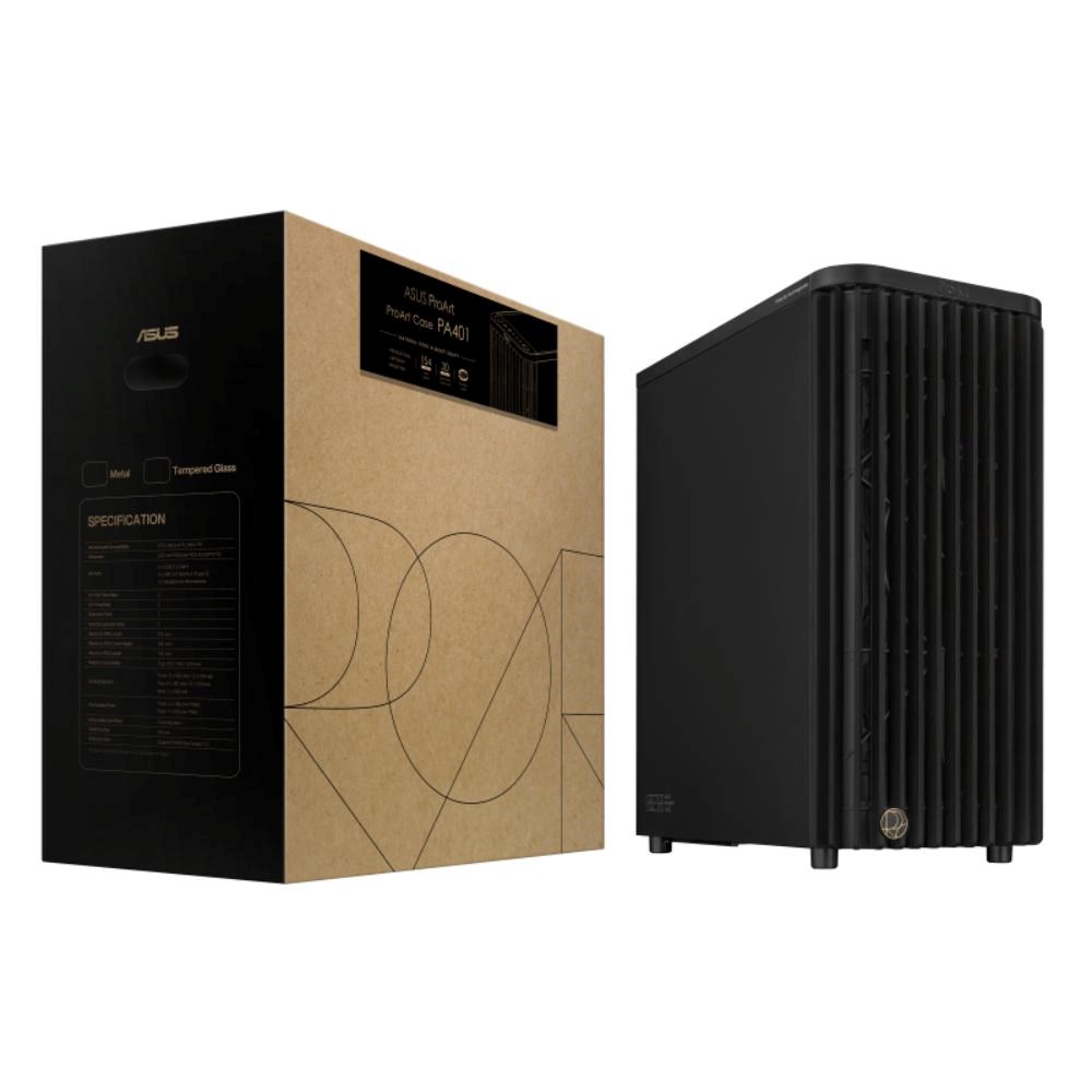 ASUS case PROART PA401 WOOD METAL,  Mid Tower,  ATX,  1xUSB-C Gen2x2,  2xUSB 3.0,  2x 160mm Fan,  1x 120mm Fan,  černá7 