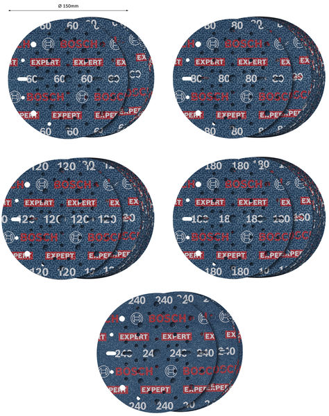 Bosch 55dílná sada brusných kotoučů EXPERT O780 s fólií, 150 mm, G60 (5×); G80 (15×); G120 (15×); G180 (15×), G240 (5×)1 