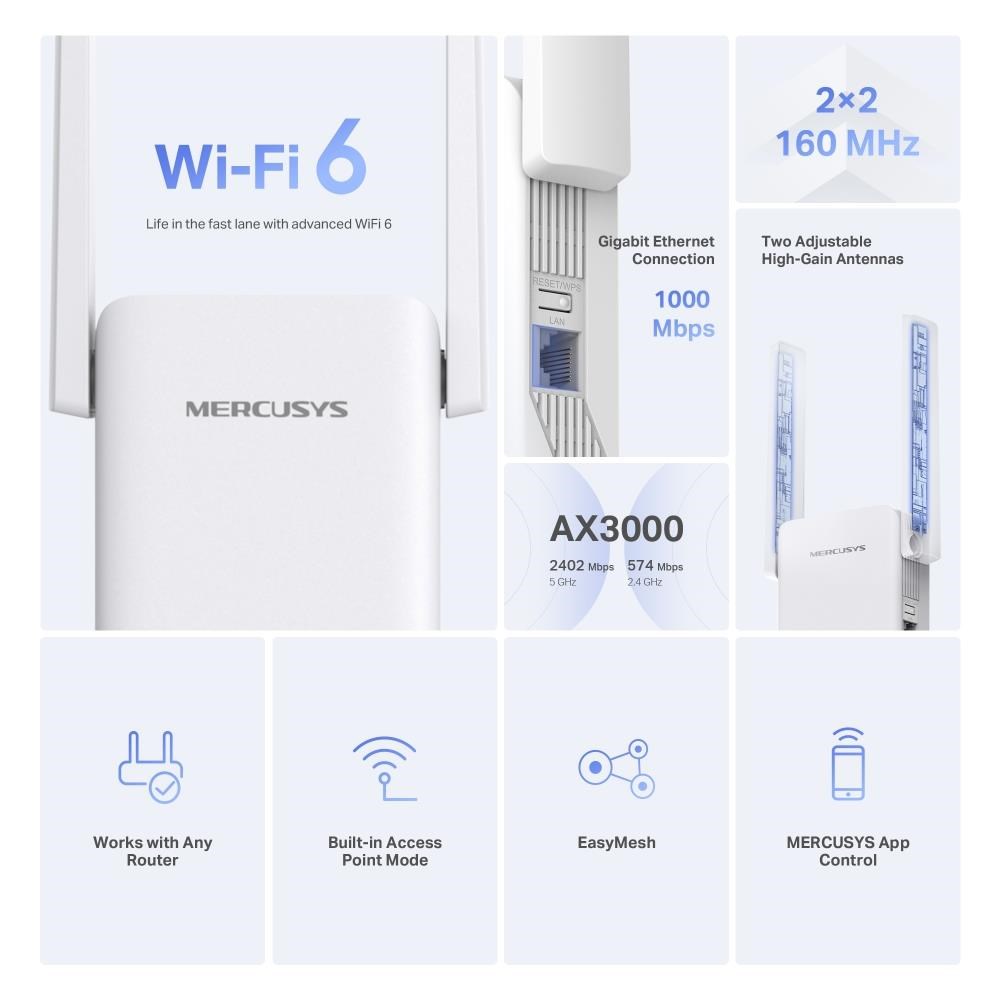 MERCUSYS ME80X WiFi6 Extender/ Repeater (AX3000, 2, 4GHz/ 5GHz, 1xGbELAN)2 