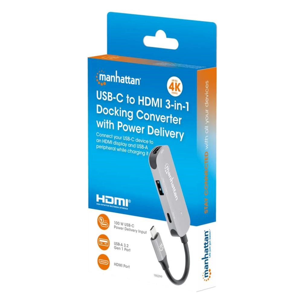 MANHATTAN Dokovací stanice USB-C 3v1,  1xHDMI,  1xUSB-C,  1xUSB,  šedá3 
