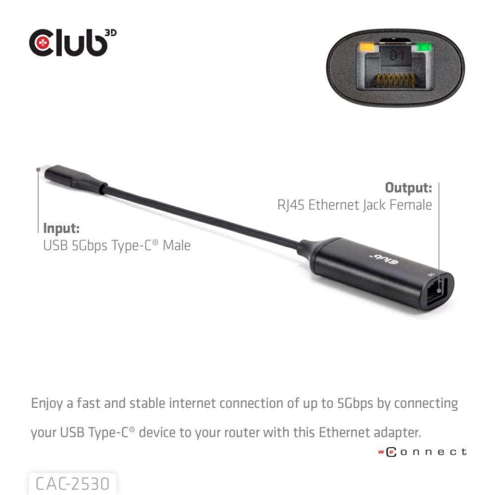 Club3D Adaptér USB-C na RJ45,  5Gb,  24cm2 