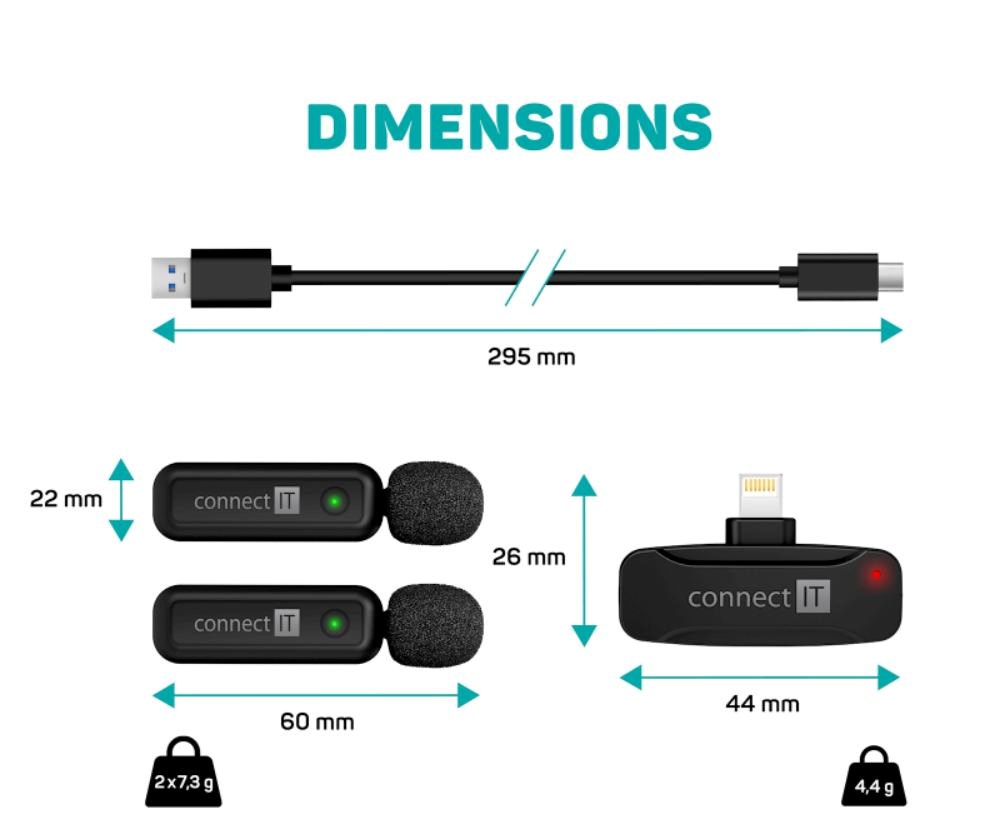 CONNECT IT Mikrofon ClipMic, 2x Bezdrátový Lavalier mikrofón s přijímačem, Lightning konektor, černá2 