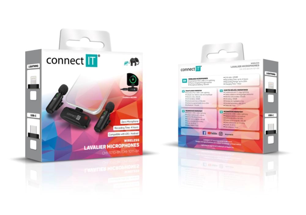 CONNECT IT Mikrofon ClipMic, 2x Bezdrátový Lavalier mikrofón s přijímačem, USB-C konektor, černá2 