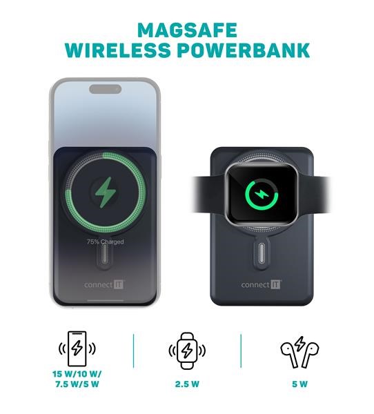 CONNECT IT Powerbanka TravelCharge, MagSafe, 10000 mAh, USB-C, Lightning, Šedá6 