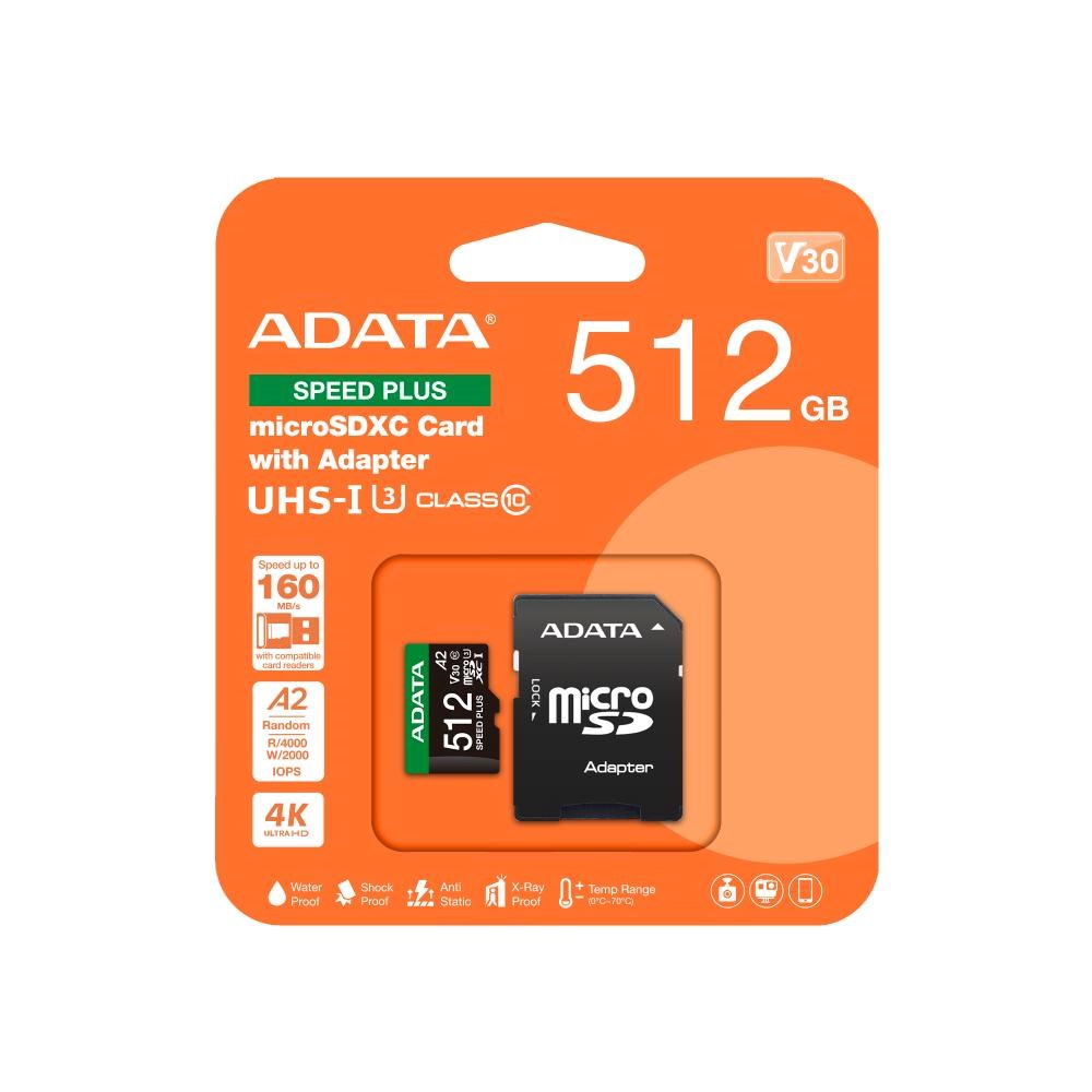 ADATA MicroSDXC karta 512GB Speed Plus,  U3,  C10,  A2,  V30 (R:180/ W:160 MB/ s) + SD adaptér2 